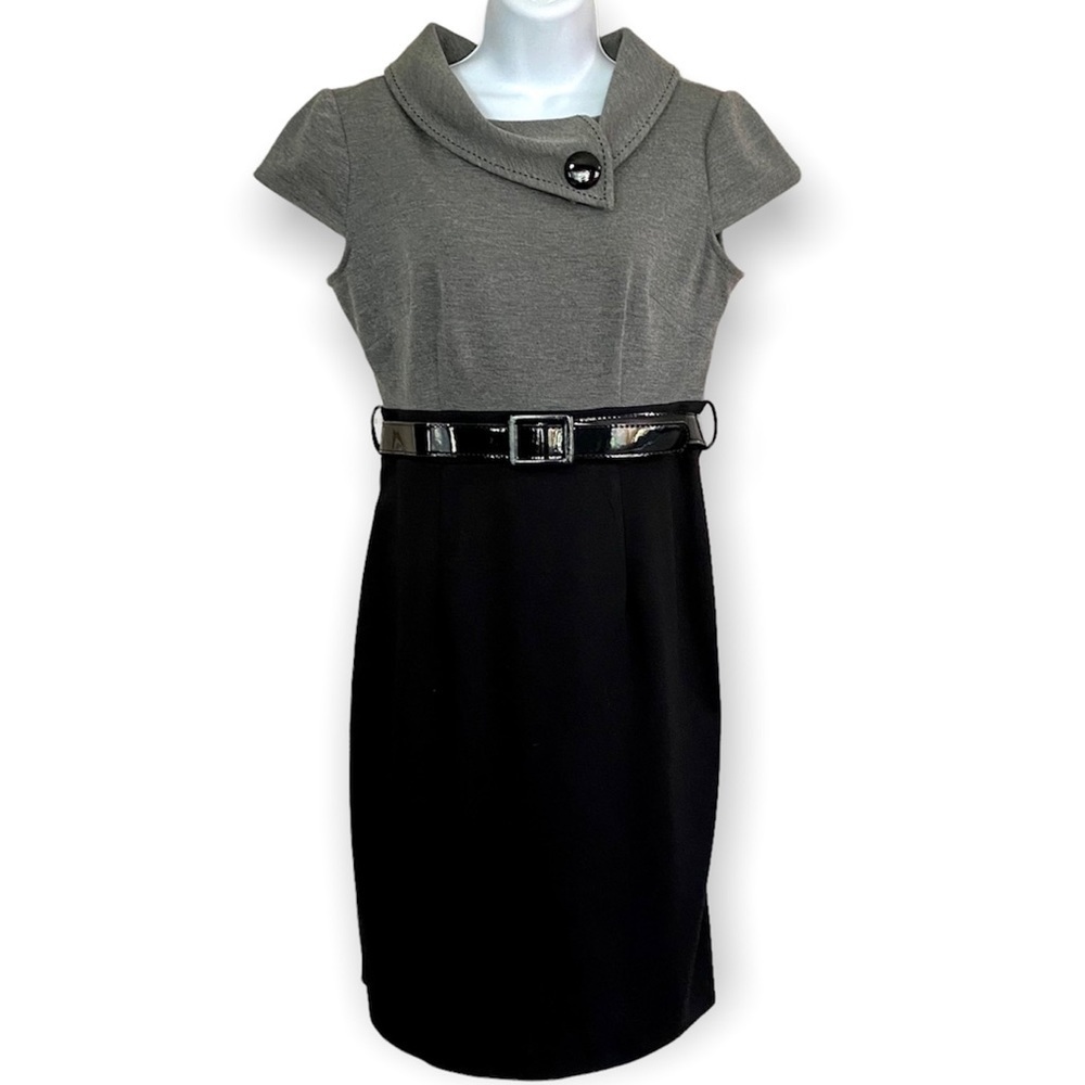 London Style Black Gray Career Sheath Midi Dress 10